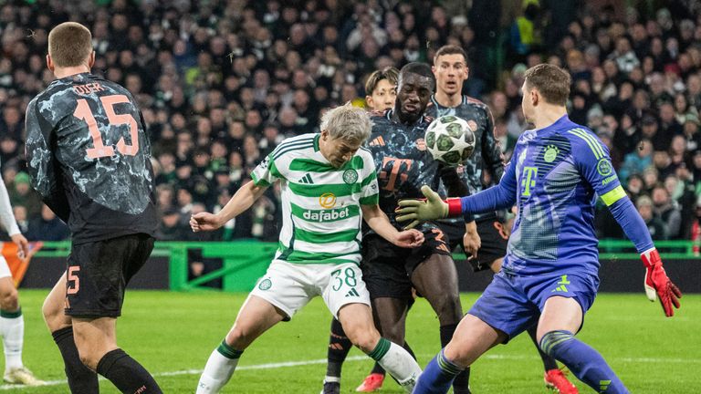 Glasgow, Scotland-12 February: Daizen Maeda from Celtic to make it 2-1 during the Champions League 2024/25 league match, the first match of the knockout between Celtic and Bayern Munich in Celtic Park, on February 12, 2025, in, in Celtic. Glasgow, Scotland. (SNS Group Photography)