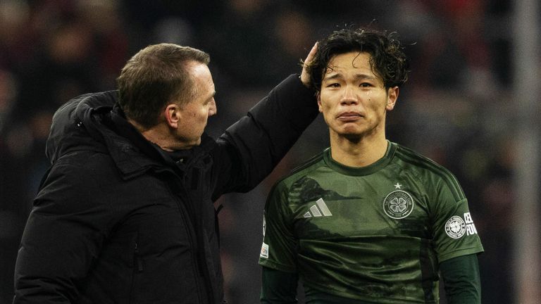 Celtic manager Brendan Rodgers with a dejected Reo Hatate 