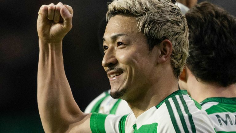 GLASGOW, SCOTLAND - FEBRUARY 08: Celtic's Daizen Maeda celebrates as he scores to make it 2-0 during a Scottish Gas Men's Scottish Cup match between Celtic and Raith Rovers at Celtic Park, on February 08, 2025, in Glasgow, Scotland. (Photo by Craig Foy / SNS Group)