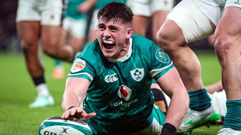 Dan Sheehan celebrates scoring their side's fourth try