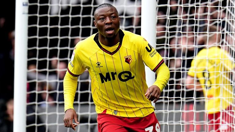 Edo Kayembe celebrates after giving Watford a 2-0 lead against Luton