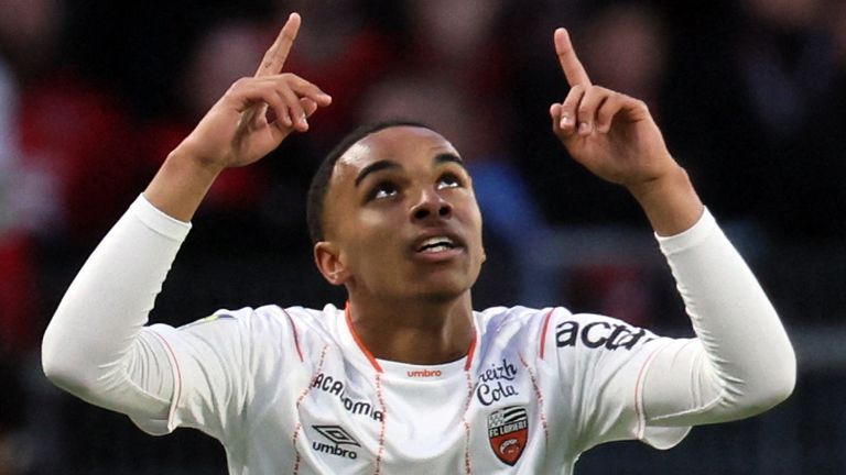 Lorient's French forward #23 Eli Junior Kroupi celebrates after scoring  during the French L1 football match between Stade Rennais FC and FC Lorient at The Roazhon Park Stadium in Rennes, western France on March 3, 2024. (Photo by ALAIN JOCARD / AFP)