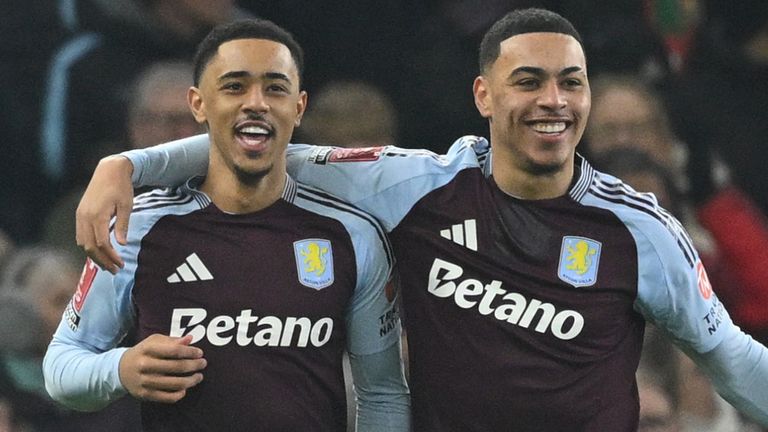 Jacob Ramsey celebrates with team-mate Morgan Rogers after giving Aston Villa a first-minute lead against Spurs