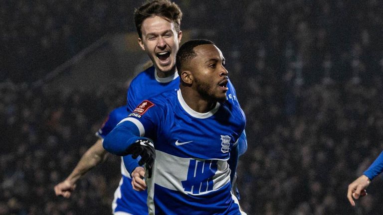 Ethan Laird celebrates after giving Birmingham a first-minute lead against Newcastle