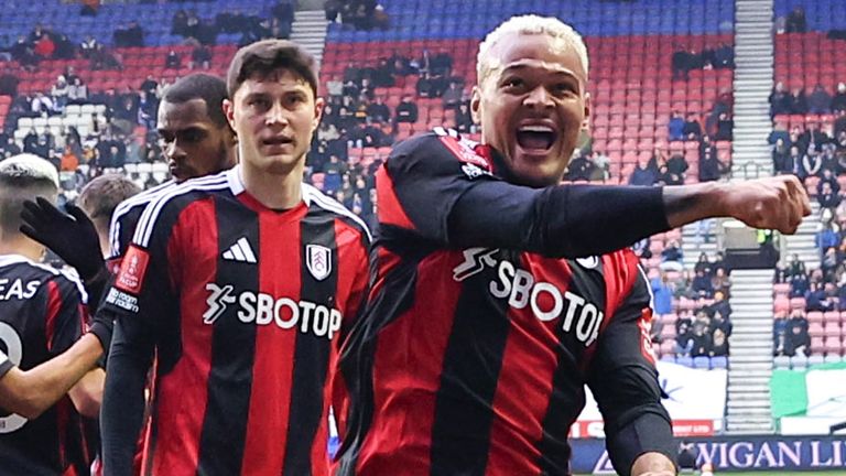 Rodrigo Muniz celebrates after giving Fulham a first-half lead at Wigan