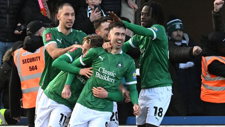 Ryan Hardie celebrates after converting a penalty to give Plymouth a shock lead over Liverpool