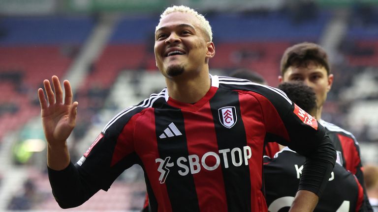 Rodrigo Muniz celebrates after scoring Fulham's opening goal at Wigan