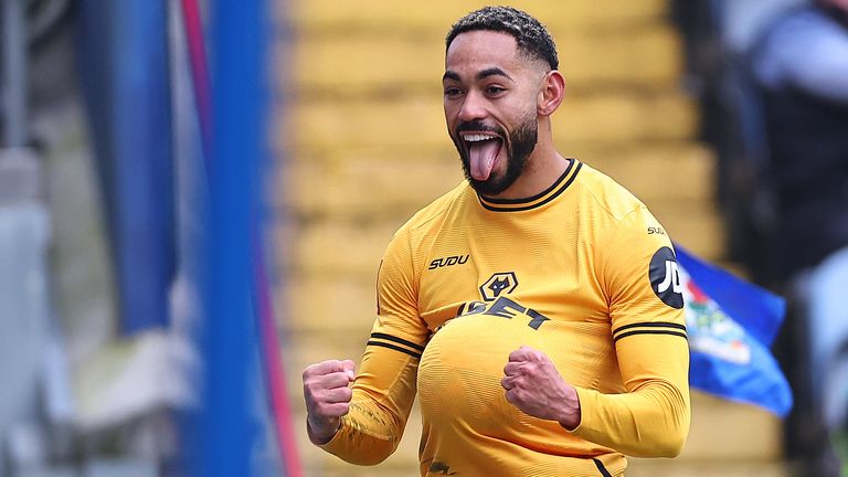 Matheus Cunha celebrates after scoring Wolves' second goal at Blackburn