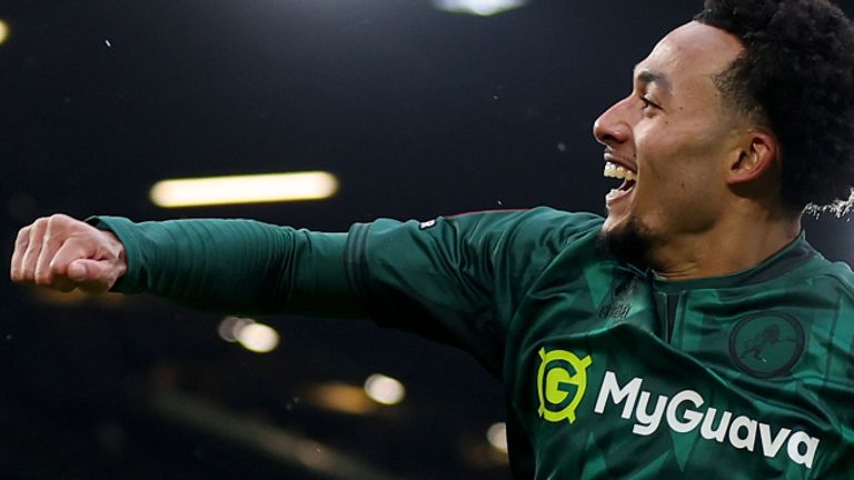 emi Azeez of Millwall celebrates scoring his team's second goal during the Emirates FA Cup Fourth Round match between Leeds United and Millwall at Elland Road on February 08, 2025 in Leeds, England.