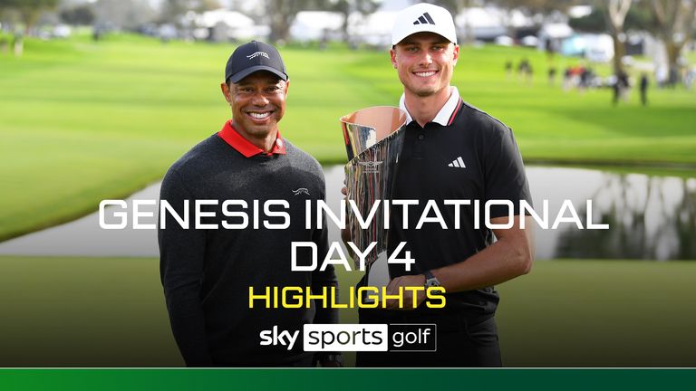 LA JOLLA, CA - FEBRUARY 16: Ludvig Aberg holds the trophy, next to Tiger Woods, after winning The Genesis Invitational 2025 at Torrey Pines Golf Course on February 16, 2025 in La Jolla, California. (Photo by Brian Rothmuller/Icon Sportswire) (Icon Sportswire via AP Images)


