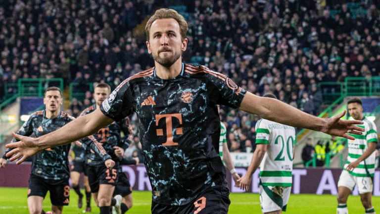 Glasgow, Scotland-12 February: Harry Kane from Bayern Munich celebrates it to make it 2-0 during the Champions League 2024/25 league match in the league match with a knockout between Celtic and FC Bayern Munich in Celtic Park, on February 12, 2025, In Glasgow, Scotland. (Photo by Alan Harvey / SNS)