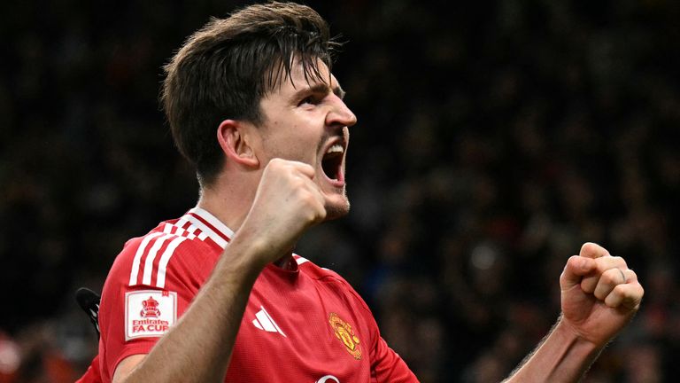 Harry Maguire celebrates his late winner for Manchester United against Leicester