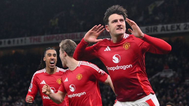 Harry Maguire celebrates his winner against Ipswich at Old Trafford
