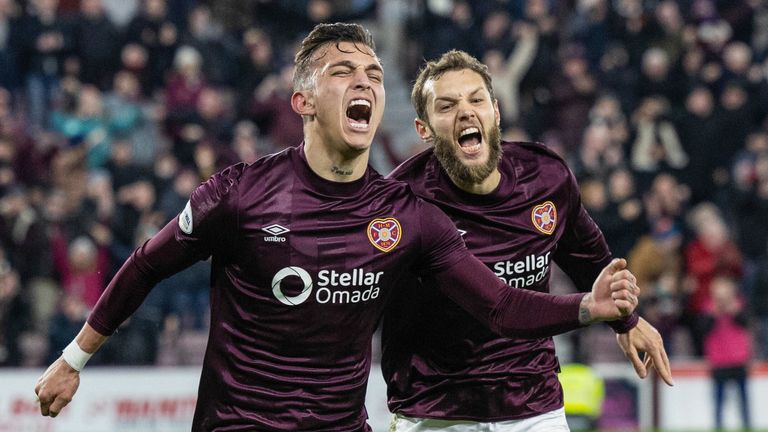 Kenentth Hearts Celebrate with Jorge Grant after scoring to make it 3-1 vs st mirren