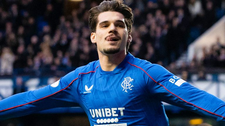 GLASGOW, SCOTLAND - FEBRUARY 02: Rangers' Ianis Hagi celebrates scoring to make it 1-0 during a William Hill Premiership match between Rangers and Ross County at Ibrox Stadium, on February 02, 2025, in Glasgow, Scotland.  (Photo by Alan Harvey / SNS Group)