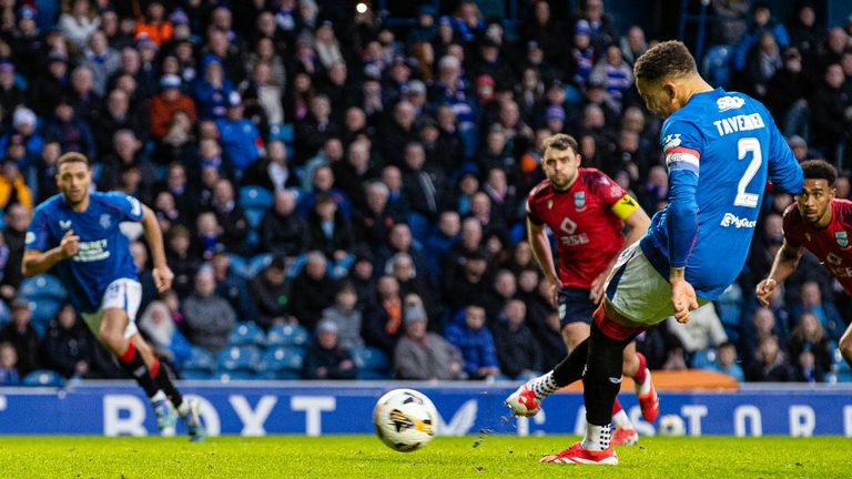 GLASGOW, SCOTLAND - FEBRUARY 02: Rangers' James Tavernier scores a penalty to make it 4-0 during a William Hill Premiership match between Rangers and Ross County at Ibrox Stadium, on February 02, 2025, in Glasgow, Scotland.  (Photo by Alan Harvey / SNS Group)