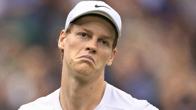 FILE: Jannik Sinner of Italy reacts during the gentlemen's singles quarterfinals match against Daniil Medvedev of Russia on the day 9 of the Wimbledon Tennis Championships at All England Lawn Tennis and Croquet Club in London, United Kingdom on July 9, 2024. Jannik Sinner, the world's number one men's tennis singles pla