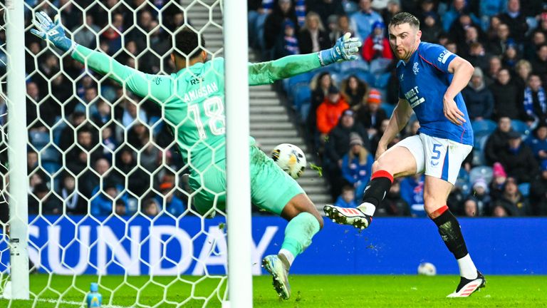 GLASGOW, SCOTLAND - FEBRUARY 02: Rangers' John Souttar scores to make it 3-0 during a William Hill Premiership match between Rangers and Ross County at Ibrox Stadium, on February 02, 2025, in Glasgow, Scotland.  (Photo by Rob Casey / SNS Group)