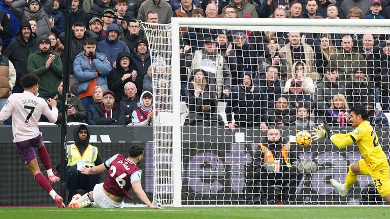 Brentford's Kevin Schade scores the opening goal of the game