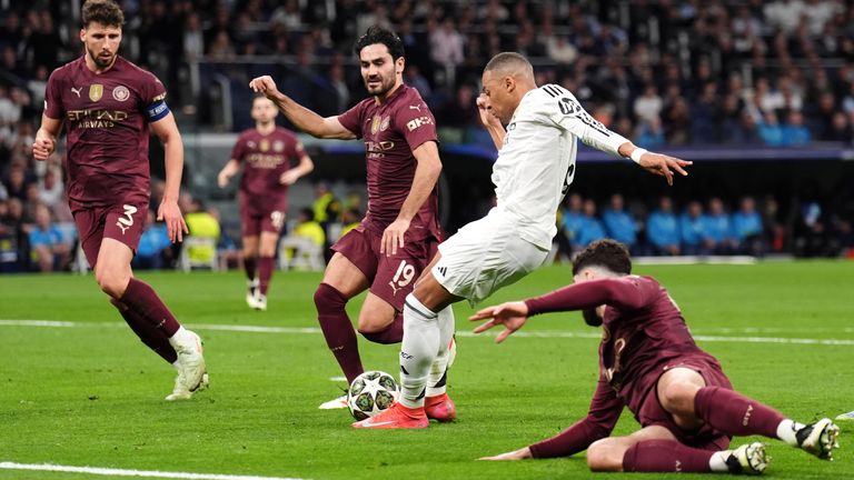 Kylian Mbappe scores Real Madrid's second goal against Man City