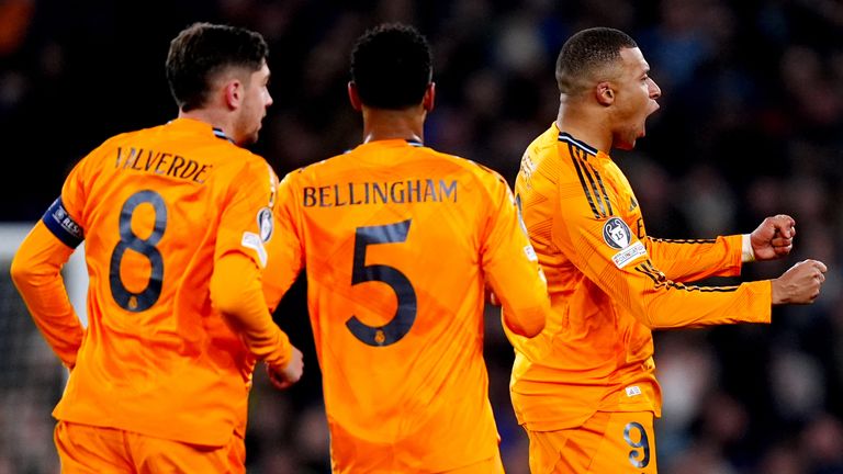 Kylian Mbappe celebrates after equalising for Real Madrid at Manchester City