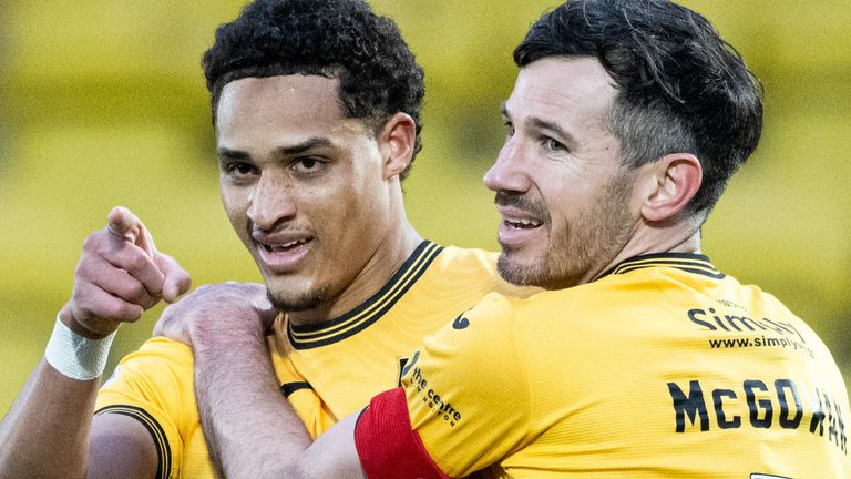 Livingston, Scotland - February 08: Livingston's Teti Yengston celebrates the score to make it 2-0 with Ryan McGowan during a Scottish Cup match of Scottish Gas Men between Livingston and Cove Rangers at Set Fare Arena's home, at February 08, 2025, Media Livingston, Scotland. (Photo by Paul Devlin / SNS Group)