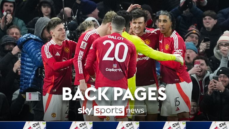 Manchester United's Harry Maguire (second right) is mobbed by team-mates after scoring their side's second goal during the Emirates FA Cup fourth round match at Old Trafford, Manchester. Picture date: Friday February 7, 2025.
