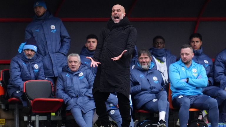 Manchester City boss Pep Guardiola during the 2-1 win against Leyton Orient