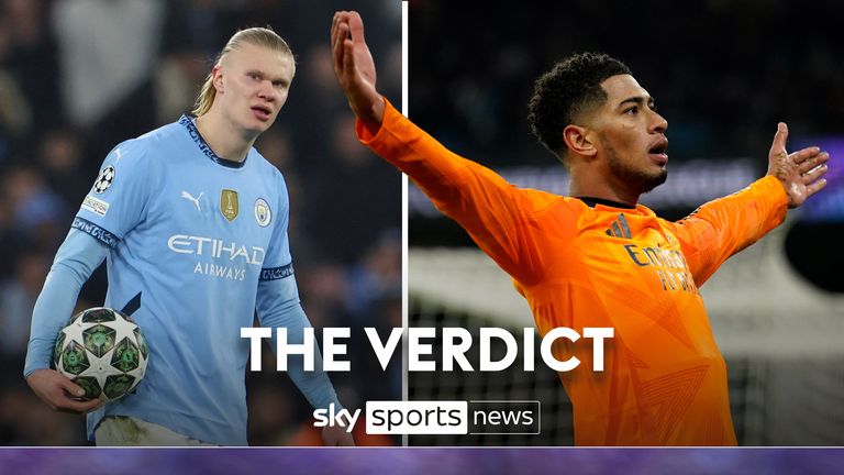 Manchester City's Erling Haaland reacts after the Champions League playoff first leg soccer match between Manchester City and Real Madrid at the Etihad Stadium in Manchester, England, Tuesday, Feb. 11, 2025.