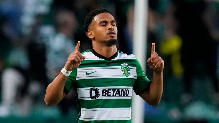 Sporting's Marcus Edwards celebrates after scoring his side's first goal during the Europa League quarter final second leg soccer match between Sporting CP and Juventus at the Alvalade stadium in Lisbon, Thursday, April 20, 2023. (AP Photo/Armando Franca)