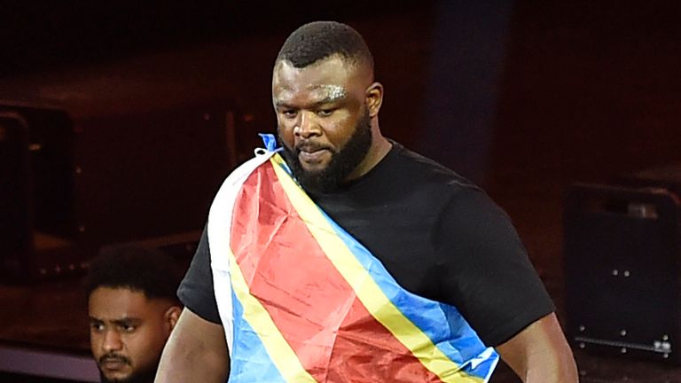 Martin Bakole arrives to fight against Joseph Parker in a WBO interim world heavyweight fight at Kingdom Arena, in Riyadh, Saudi Arabia, Sunday, Feb. 23, 2025. (AP Photo)