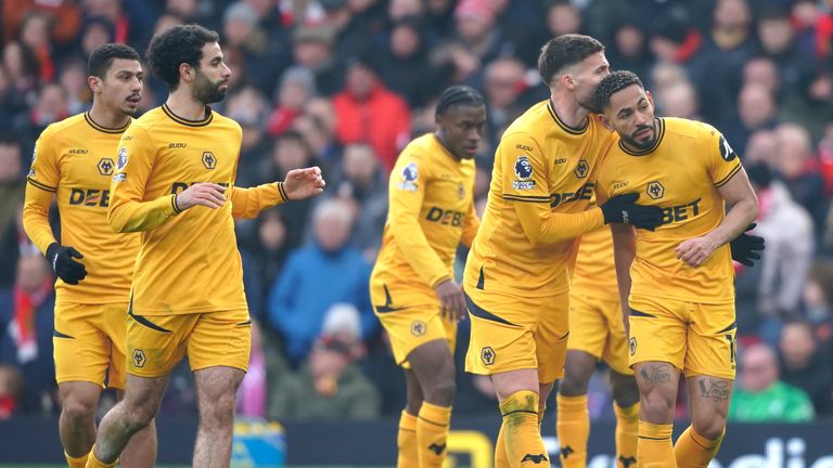 Wolves players celebrate after Matheus Cunha pulls a goal back (AP Photo/Ian Hodgson)