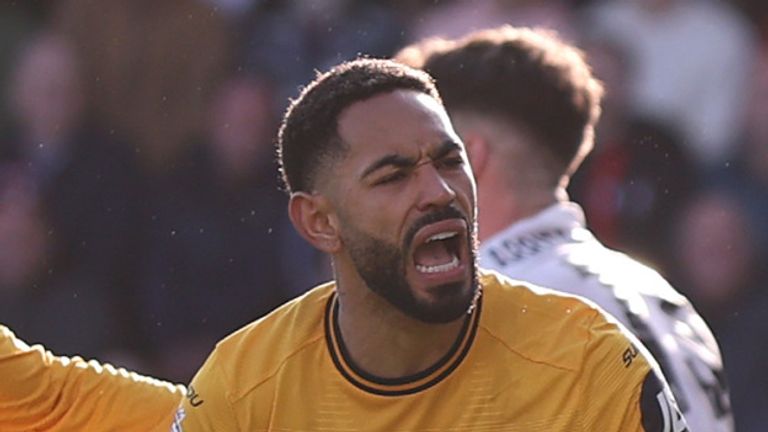 BOURNEMOUTH, ENGLAND - FEBRUARY 22: Matheus Cunha of Wolverhampton Wanderers celebrates scoring his team's first goal with teammates during the Premier League match between AFC Bournemouth and Wolverhampton Wanderers FC at Vitality Stadium on February 22, 2025 in Bournemouth, England. (Photo by Naomi Baker/Getty Images)