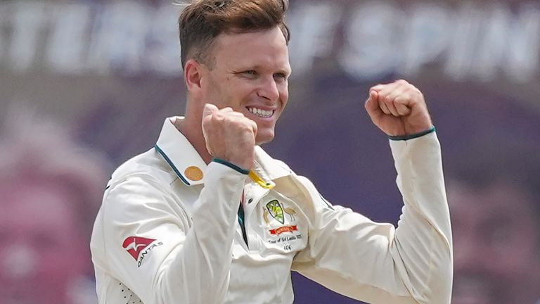 Australia's Matthew Kuhnemann celebrates Kamindu Mendis's Wicket