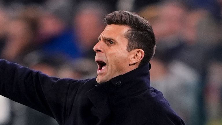 Juventus head coach Thiago Motta directs his team during the Champions League opening phase soccer match between S.L. Benfica and Juventus FC at Juventus stadium in Turin, Italy, Wednesday, Jan. 29, 2025. (Fabio Ferrari/LaPresse via AP)