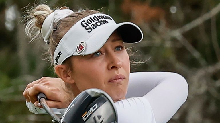 Nelly Korda finishes her drive on the ninth tee during the final round of the Hilton Grand Vacations Tournament of Champions LPGA golf tournament in Orlando, Fla., Sunday, Feb. 2, 2025. (AP Photo/Kevin Kolczynski) 