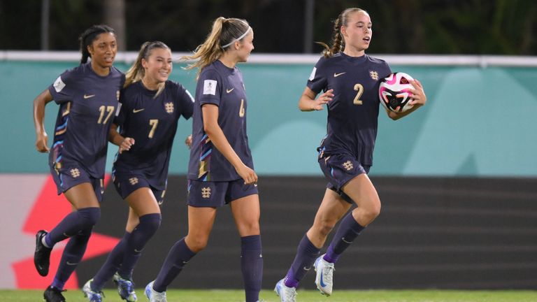 Nelly Las of England celebrates after scoring the team's second goal during the FIFA U-17 Women's World Cup Dominican Republic 2024 Group C match between England and Mexico at CFC Stadium on October 20, 2024 in Santiago De Los Caballeros, Dominican Republic.