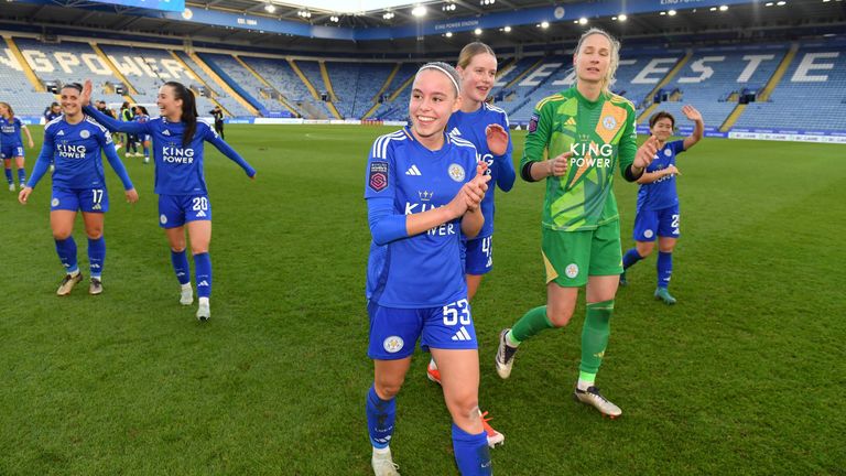 Nelly Las of Leicester City Women, Simone Sherwood of Leicester City Women and Janina Leitzig of Leicester City Women after the Leicester City v Chelsea - Barclays Women's Super League match at King Power Stadium on December 14, 2024 in Leicester, United Kingdom