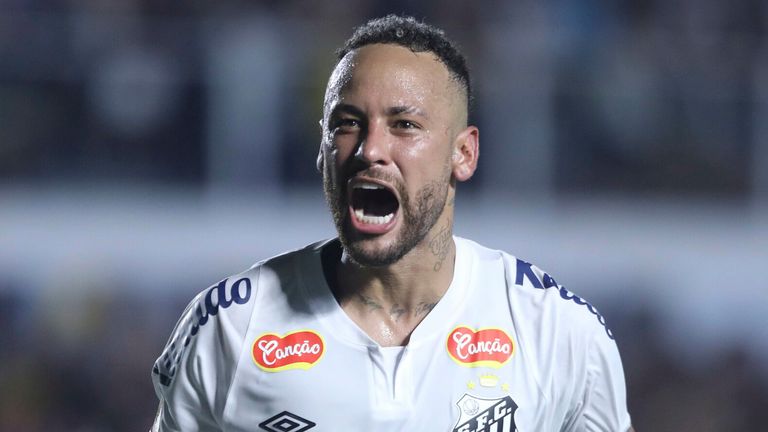 Neymar celebrates his first Santos goal since returning to the club