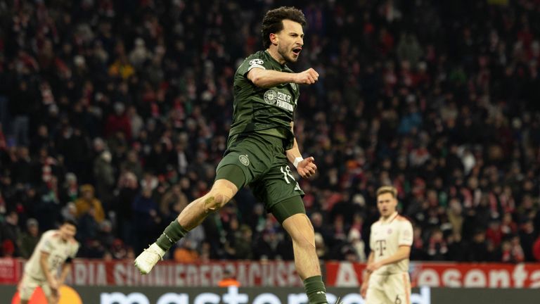 Celtic's Nicolas Kuhn celebrates after scoring to make it 1-0 against Bayern