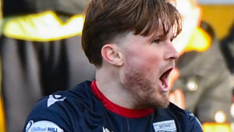 DINGWALL, SCOTLAND - FEBRUARY 22: Ross County's Noah Chilvers celebrates scoring to make it 3-1 during a William Hill Premiership match between Ross County and Dundee at the Global Energy Stadium, on February 22, 2025, in Dingwall, Scotland. (Photo by Euan Cherry / SNS Group)