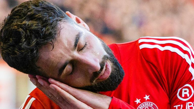 ABERDEEN, SCOTLAND - FEBRUARY 22: Aberdeen's Oday Dabbagh celebrates scoring to make it 1-0 during a William Hill Premiership match between Aberdeen and Kilmarnock at Pittodrie, on February 22, 2025, in Aberdeen, Scotland. (Photo by Mark Scates / SNS Group)