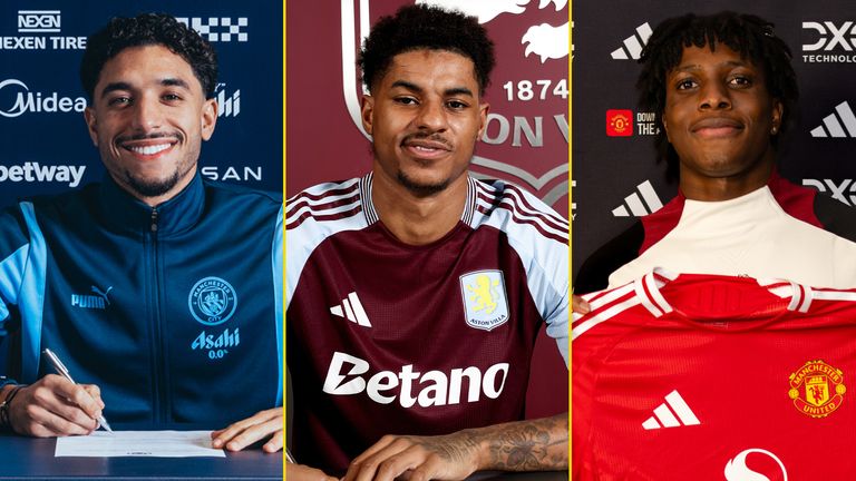 Omar Marmoush, Marcus Rashford and Patrick Dorgu (pic: Manchester City, Neville Williams/Aston Villa FC via Getty Images, Ash Donelon/Manchester United via Getty Images) 