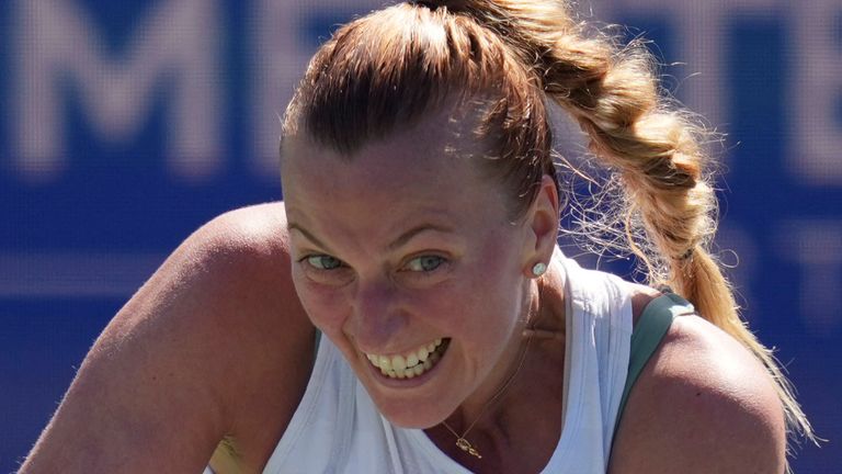Petra Kvitova, of the Czech Republic, returns a shot against Jodie Burrage, of Britain, during a first round match of the ATX Open tennis tournament Tuesday, Feb. 25, 2025, in Austin, Texas. (AP Photo/Eric Gay) 