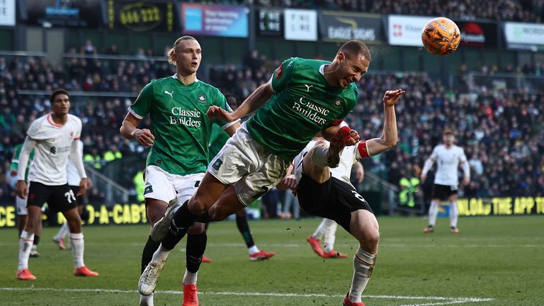 Nikola Katic defending during Plymouth's 1-0 win against Liverpool