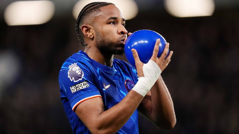 Christopher Nkunku celebrates after giving Chelsea a first-half lead against Southampton