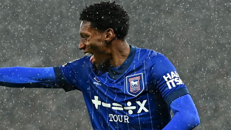 Jaden Philogene celebrates after scoring an early goal for Ipswich at Old Trafford