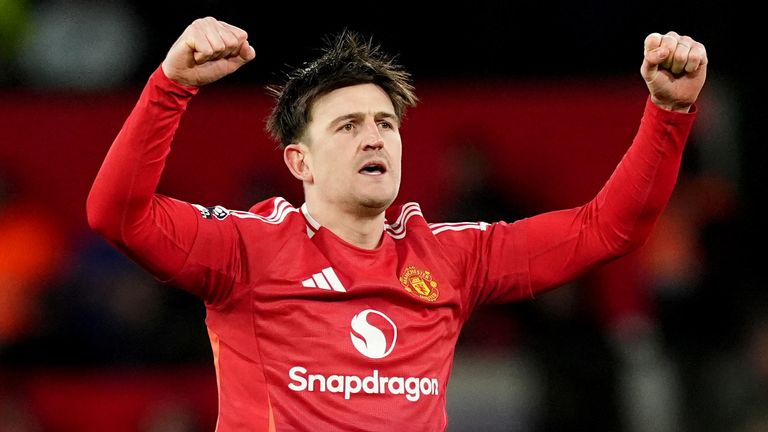 Harry Maguire celebrates after giving Manchester United a 3-2 lead against Ipswich