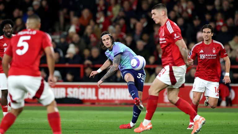 Riccardo Calafiori's shot cannons off the Nottingham Forest post