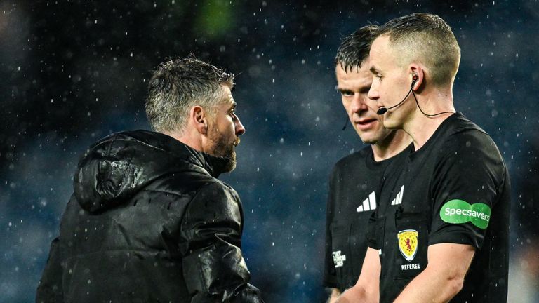 GLASGOW, SCOTLAND - OCTOBER 27: St Mirren Manager Stephen Robinson and Referee Calum Scott at full time during a William Hill Premiership match between Rangers and St Mirren at Ibrox Stadium, on October 27, 2024, in Glasgow, Scotland. (Photo by Rob Casey / SNS Group)